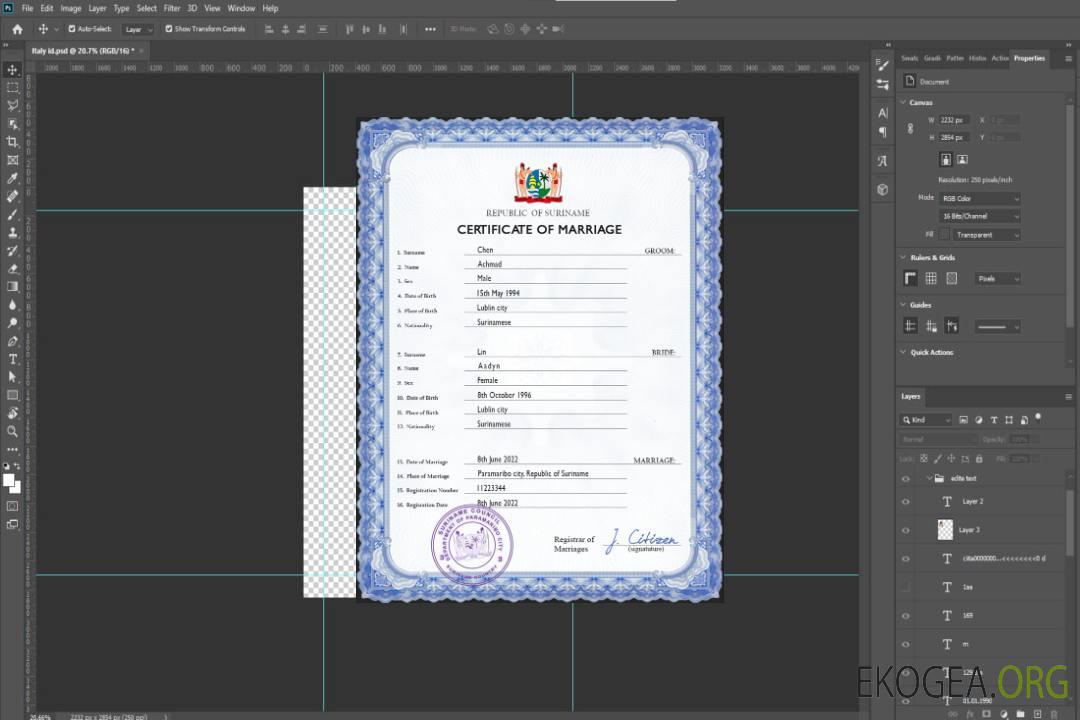 Modèle PSD de certificat de mariage au Suriname template Modèle PSD de certificat de mariage au Suriname template